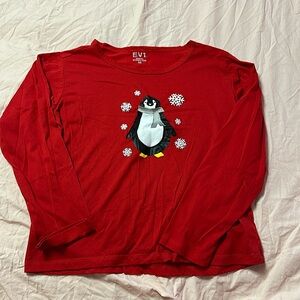 EV1, women’s medium red long sleeve penguin shirt.